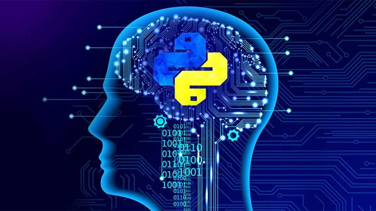 Hình ảnh minh họa Python trong AI với biểu tượng neural network